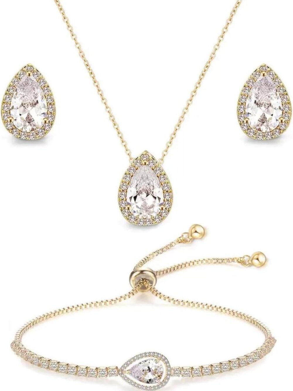 Elegant Teardrop CZ Pendant Necklace & Earrings Bracelet Set - Bridal Jewelry